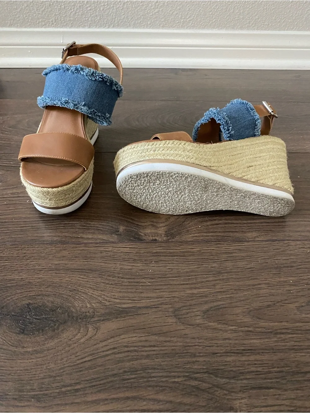 Steve Madden Tan Leather and Blue Denim Espadrille Wedge Sandals